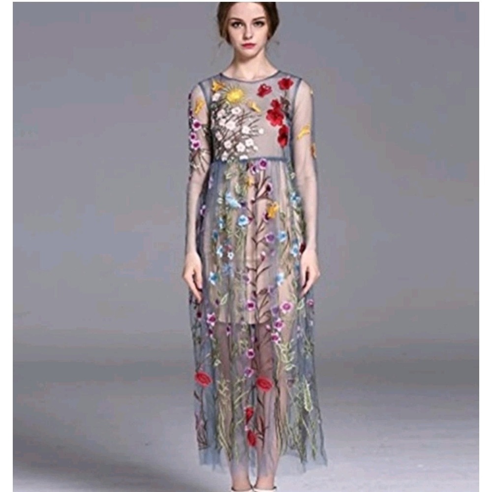 Blueoxy Floral Embroidered Mesh Tulle Maxi Dress Womens L Cottagecore Fairy Gown